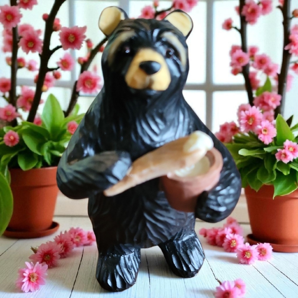Vtg Lipco Black Bear Spoon Honey Pot Dipper Resin Figurine Statue Rare